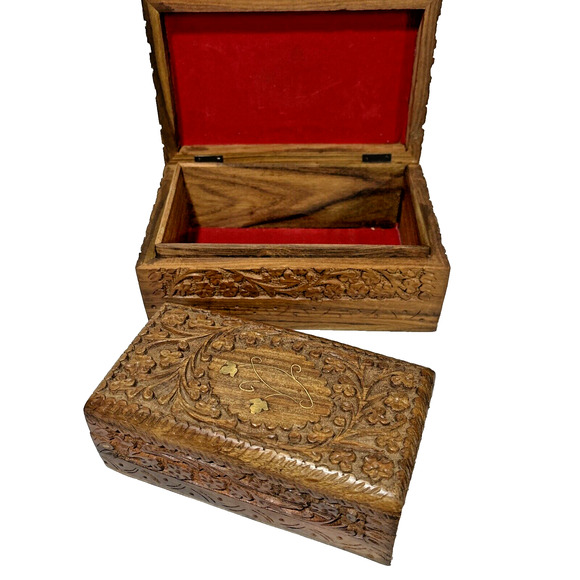 Vintage Carved Wood Nesting Boxes (3) Ornate Hinged Brass Inlay Stacking Jewelry - Picture 6 of 12